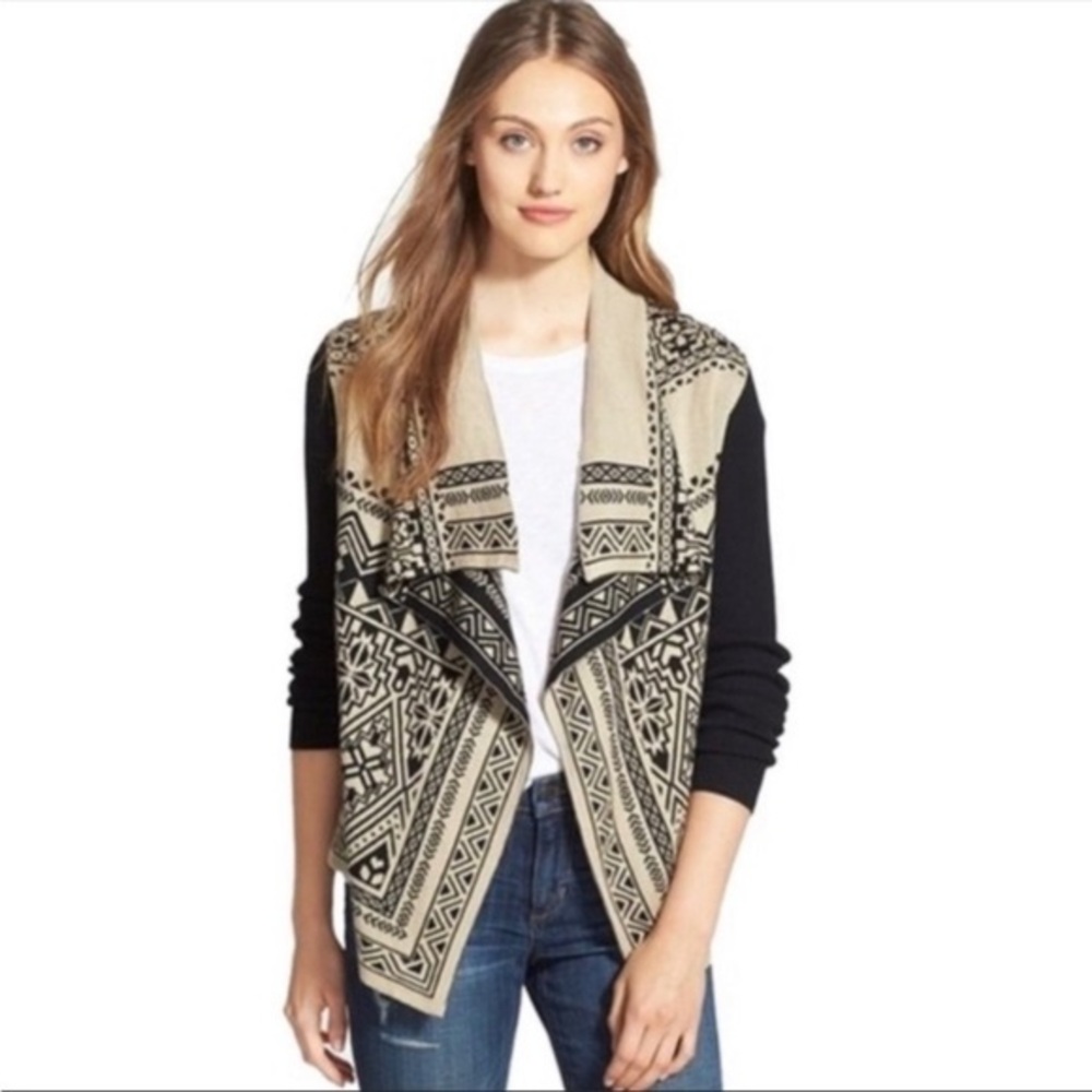 Lucky Brand Aztec Waterfall Open Front Cardigan Sweater Black & Tan | Cozy Chic
